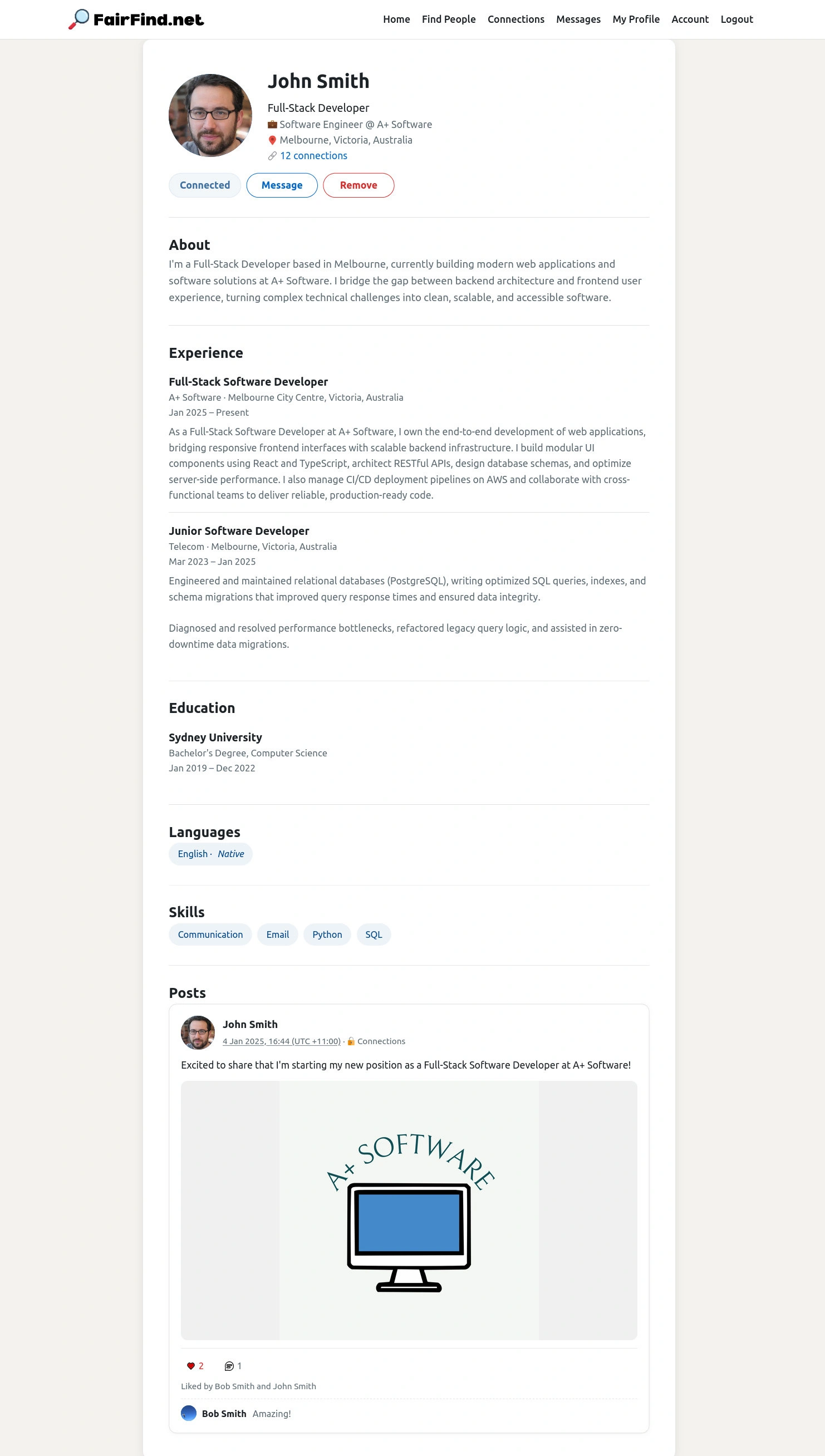 Example FairFind profile page for John Smith